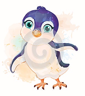 Little penguin, cartoon hand drawn bird in watercolor style