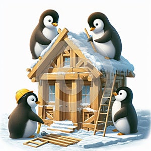 Little penguins build a house together.