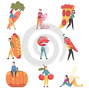 Little People Characters Holding and Carrying Foodstuff Like Hot Dog and Carrot Vector Illustration Set