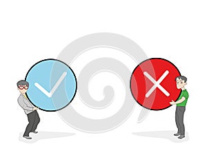 Little people holding true and false sign. Positive and negative feedback concept. Yes or No icons flat design style. Cartoon Vect