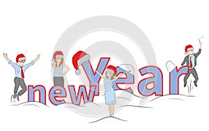 Little people near the inscription of the new year. concept of New Year`s holidays. vector illustration.