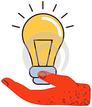 Little people thinking about new idea light bulb. Virtual network cooperation, creative solution. Hand with idea