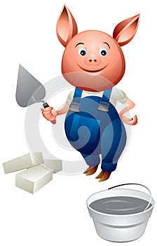 Little Pig as bricklayer in the builder uniform