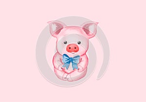 Little pig and blue bow. Simbol Happy Chinese New Year. Isolated on pink