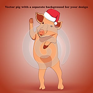 A little pig in a hat Santa Claus is standing and waving his hoof