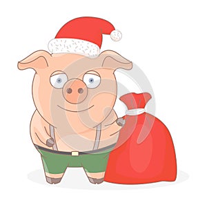 Little pig in a red Santa`s hat.