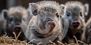 Little piglets of the mangalica breed close-up, pigs roam free and on the farm. Generative Ai