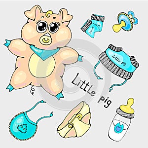 . Little pigs in different poses. Clean and mud. Flat vector illustration isolated on white background.