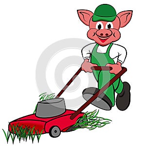 Little pigs with lawn mower