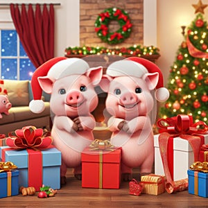 little pigs wearing santa hats with christmas presents