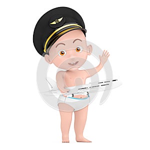 Little Pilot Concept. Cartoon Cute Baby Boy in Airline Pilots Hat and Modern Passenger Airplane in Hand. 3d Rendering