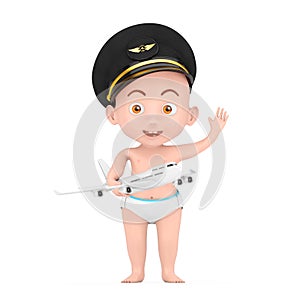 Little Pilot Concept. Cartoon Cute Baby Boy in Airline Pilots Hat and Modern Passenger Airplane in Hand. 3d Rendering