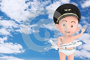 Little Pilot Concept. Cartoon Cute Baby Boy in Airline Pilots Hat and Modern Passenger Airplane in Hand. 3d Rendering