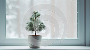 Little pine tree in a pot on a windowsill, with winter landscape seen through the window. Generative AI