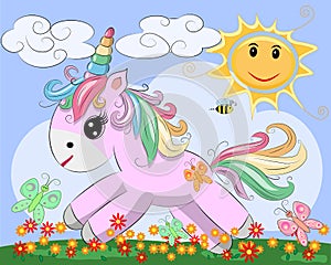 A little pink cute cartoon Unicorn on a clearing with a rainbow, flowers, sun