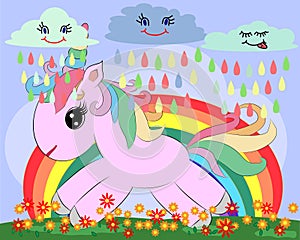 A little pink cute cartoon Unicorn on a clearing with a rainbow, flowers, sun