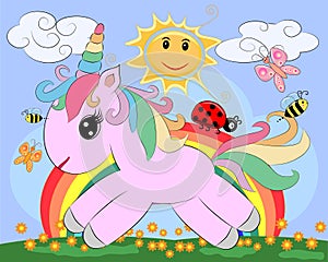 A little pink cute cartoon Unicorn on a clearing with a rainbow, flowers, sun