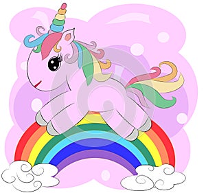 A little pink cute cartoon Unicorn on a clearing with a rainbow, flowers, sun. Postcard, spring, magic