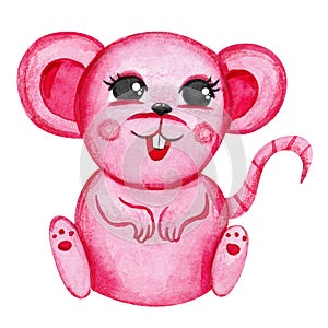 Little pink cute mouse. Sits. Watercolor painting.