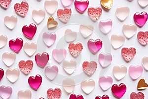 Little pink glass hearts scattered on a white background.