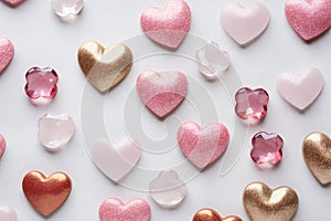 Little pink and gold hearts and gems scattered on a white background.