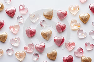 Little pink and gold hearts and gems scattered on a white background.