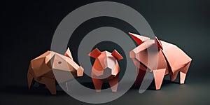 Little pink pigs made of paper. Origami technique. Generative AI