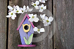 Little pink, purple and yellow birdhouse on rustic fence