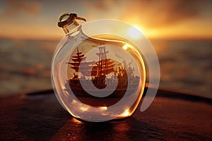 Miniature pirate ship in glass bottle
