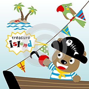 Little pirates on sailboat go to small island, vector cartoon illustration