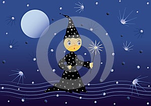 Little pixie with sparkler, night scene for sweet dreams.