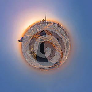 Little planet 360 degree sphere. Panorama of aerial view of Dubai Downtown skyline and highway, United Arab Emirates or UAE.