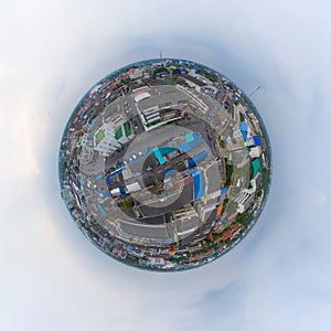 Little planet 360 degree sphere. Panorama of Aerial view of Rom Hoop market. Thai Railway with a local train run through Mae Klong