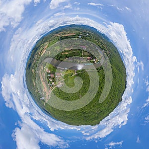 Little planet 360 degree sphere. Panorama of green mountain hill with lake or river. Nature landscape background in Phetchabun,