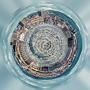 Little planet 360 degree sphere. Panorama of Old port of Marseille.