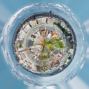 Little planet 360 degree sphere. Panoramic view of Budapest city