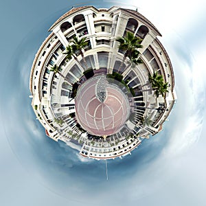 Little planet 360 degree sphere. Panoramic view of empty Plaza de Espana square in Nerja