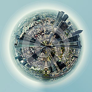 Little planet 360 degree sphere. Panoramic view of Frankfurt am Main city