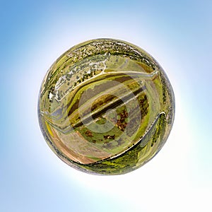 Little Planet 360-panorama of a rural landscape, a view from a drone on the irrigation canals of Moldovan villages