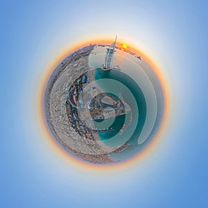 Little planet 360 degree sphere. Panorama of aerial view of Burj Al Arab Jumeirah Island or boat building, Dubai Downtown skyline