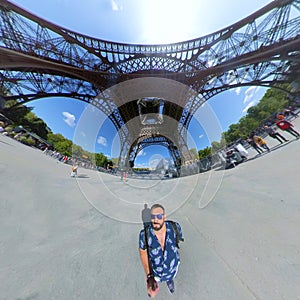 Panoramic view of a tourist in the base of the Eiffel tower