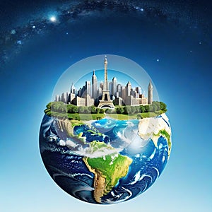 little planet Earth surrounded by best landmarks on plain background with copy