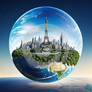 little planet Earth surrounded by best landmarks on plain background with copy