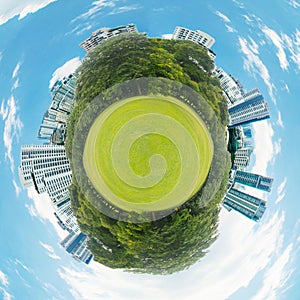 Little planet with green grass ecology concept