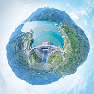 Little planet image of small hydroelectric station