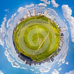 Little planet Minsk. Drone aerial panorama 360 degrees