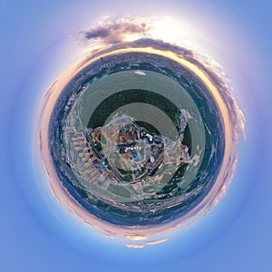 Little planet mode of aerial city view