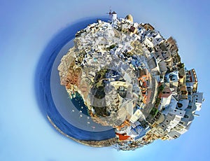 Little planet panorama of Oia Santorini Greece at fantasy sunrise. Vintage colored picture.