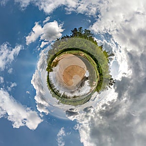 Little planet spherical panorama 360 degrees. Spherical aerial view in forest in nice day. Curvature of space