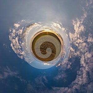 Little planet transformation of spherical panorama 360 degrees. Spherical abstract aerial view in field with awesome beautiful